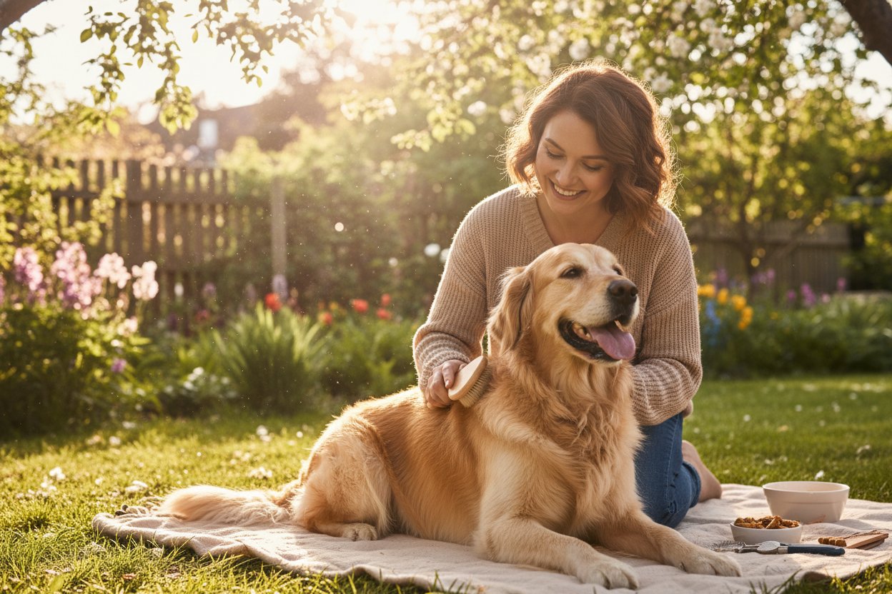 Une personne qui brosse son chien 